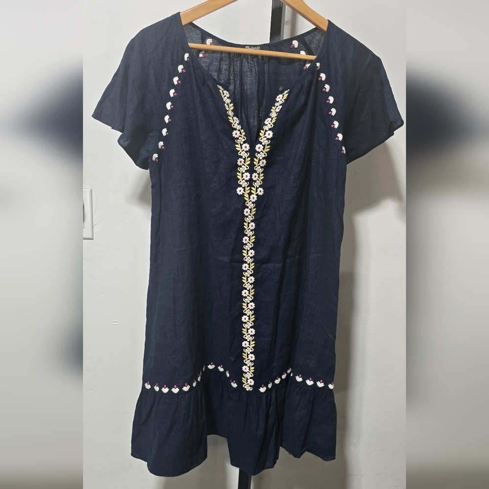 Madewell Embroidered Linen-Blend Raglan Ruffle Mini Dress In Deep Navy - Picture 5 of 8